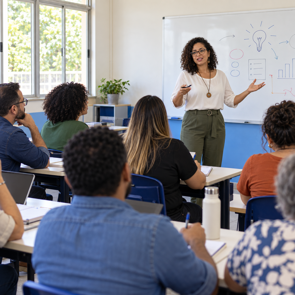 Professora conduzindo uma capacitação para educadores em sala de aula